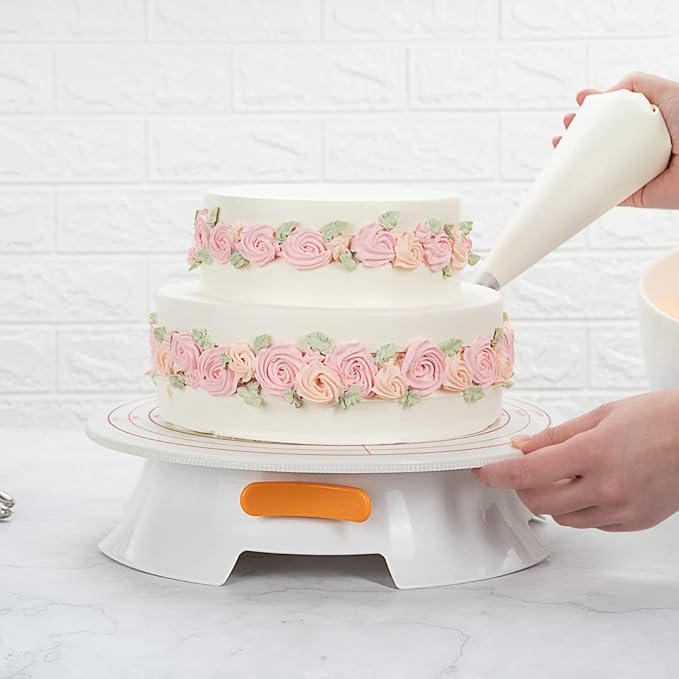 Restaurantware Pastry Tek 12 Inch Cake Turntable 1 Sturdy Rotating Cake Stand - Non-Slip Base With Locking Switch White Plastic Spinning Cake Stand For Decorating Cakes Cupcakes or Pastries