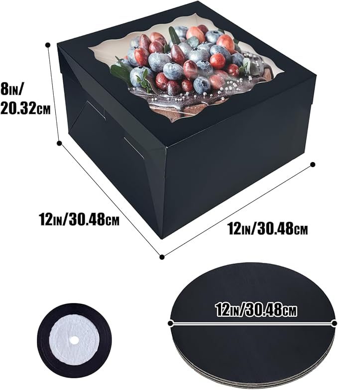 Bakepacker 12x12x8 Cake Box, 18 Sets Black Cake Box with Window ＆ 18 Sets 12" Cake Round Boards, 12inch Cake Containers, 10 Meters Silk Ribbon