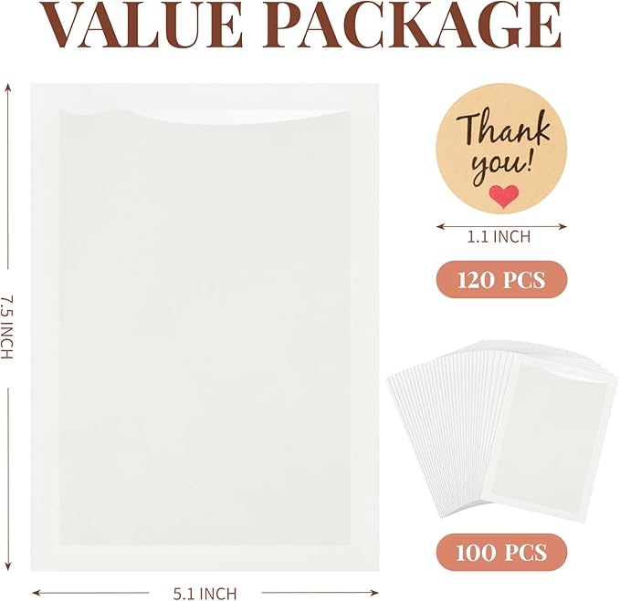 100 Pack Heat-Sealable Cookie Bags with Window, 5.1 x 7.5 Inches Small Clear Front To Go Bakery Bags, Grease Resistant Kraft Paper Treat Sleeves for Packaging Snack Donut Pastry (White)