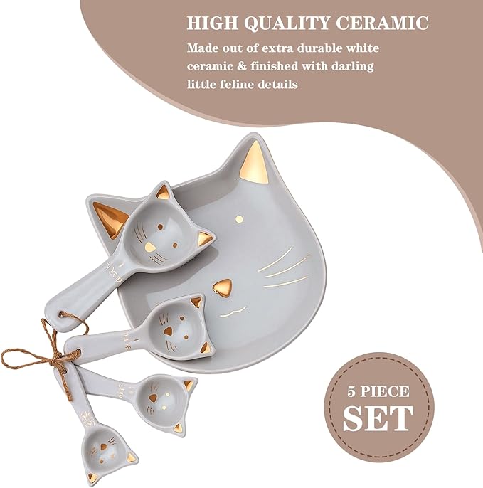 Patelai 5 Pcs Cat Measuring Spoons Set Kitchen Ceramic Counter Cat Ceramic Soup Spoon for Christmas Women Gift(Gray)