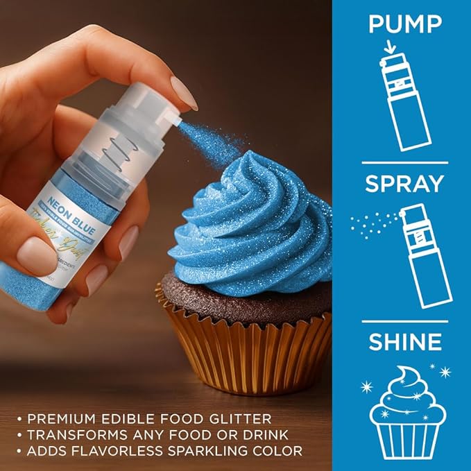 Bakell - Neon Blue Tinker Dust (4g, 1x Mini Spray Pump) Edible Glitter for Food, Desserts, and Beverages!