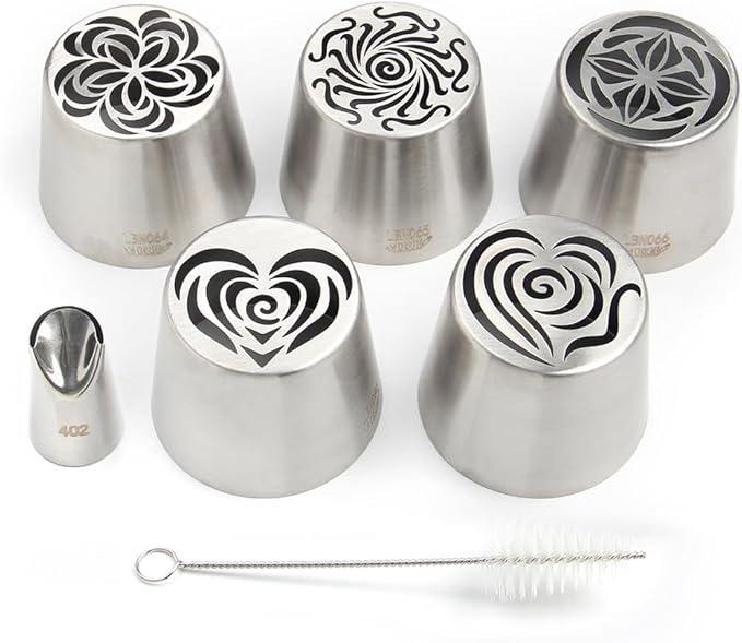 5 Pieces Stainless Steel XXL Russian Icing Nozzle Kit with 1 Ruffle Tip & 1 Clean Brush,Cake Decorating Frosting Piping Tip,Pastry Baking Tools