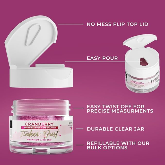 Bakell - Cranberry Tinker Dust (5g, 1x Jar) Edible Glitter for Food, Desserts, and Beverages!