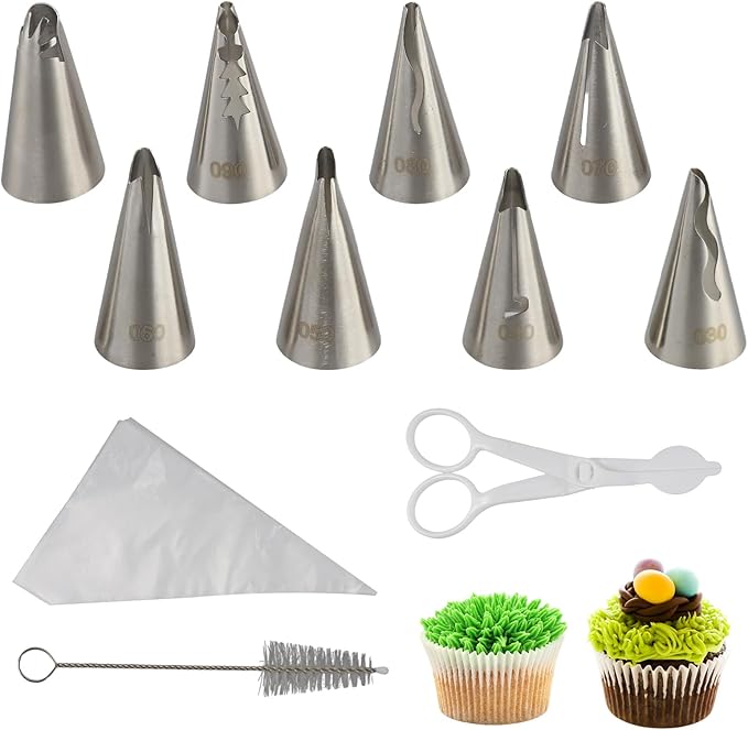 8PCS Piping Tips, Stainless Steel Icing Tips, Suitable for Pastry Fondant Cupcakes, with 50PCS Piping Bags, 1PCS Cleaning Brush, 1PCS Scissors