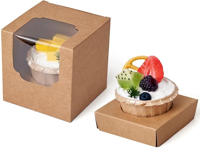 Kraft Cupcake Boxes Brown Individual 200 CT with Insert and Clear Window for Baby Shower Birthday Party Favor