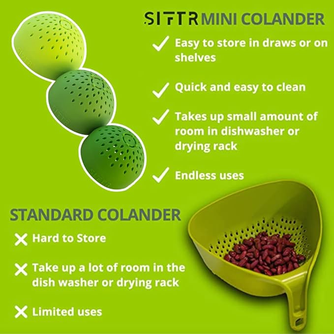 (GREEN) Nesting Can Strainer Mini Colander Set - Space Saving Small Colanders and Strainers - Multi Use Kitchen Gadget - Silicone Can Strainer