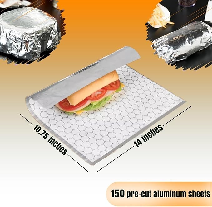 Insulation Sandwich Wrapping Paper Aluminum Foil Sheets - [150 sheets] - 10 3/4" x14" - Aluminum Foil Sandwich Wrap Sheets For Sandwich Wraps, Burritos and BBQ