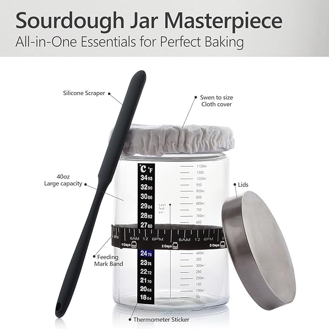 Sourdough Starter Kit -40oz Thick Glass Sourdough Starter Jar Sour Dough Container for Bread Baking Includes Guide Sourdough Container Perfect Sourdough Bread Baking Gift for Home Bakers (2-pack)