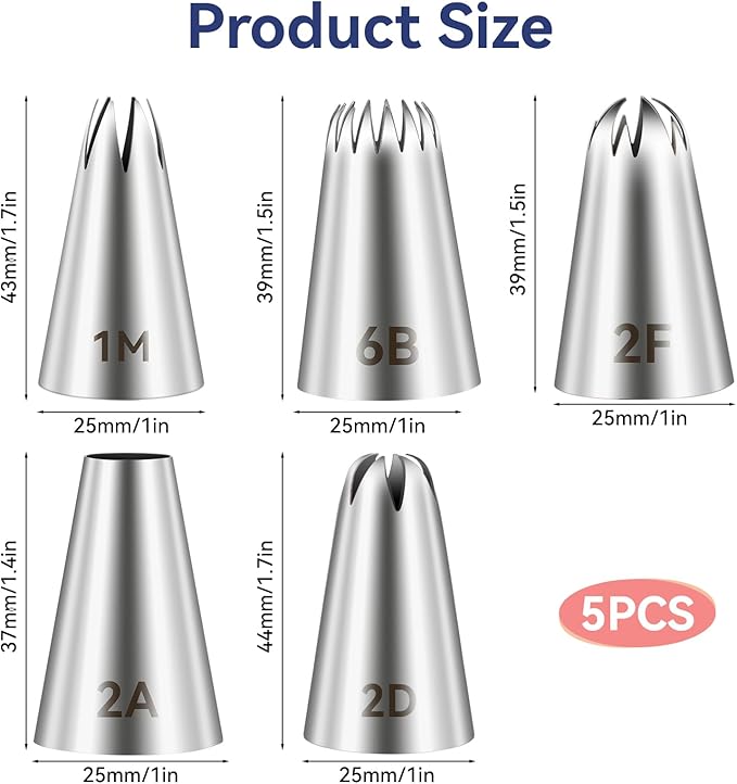 5pcs Cake Piping Tips, Cake Decorating Supplies Piping Tips, Piping Nozzles Decorating Tips, Baking Tools For Buttercream, Icing, Birthday Cake, Cupcake, DIY Art(6B, 2A, 1M, 2D, 2F)