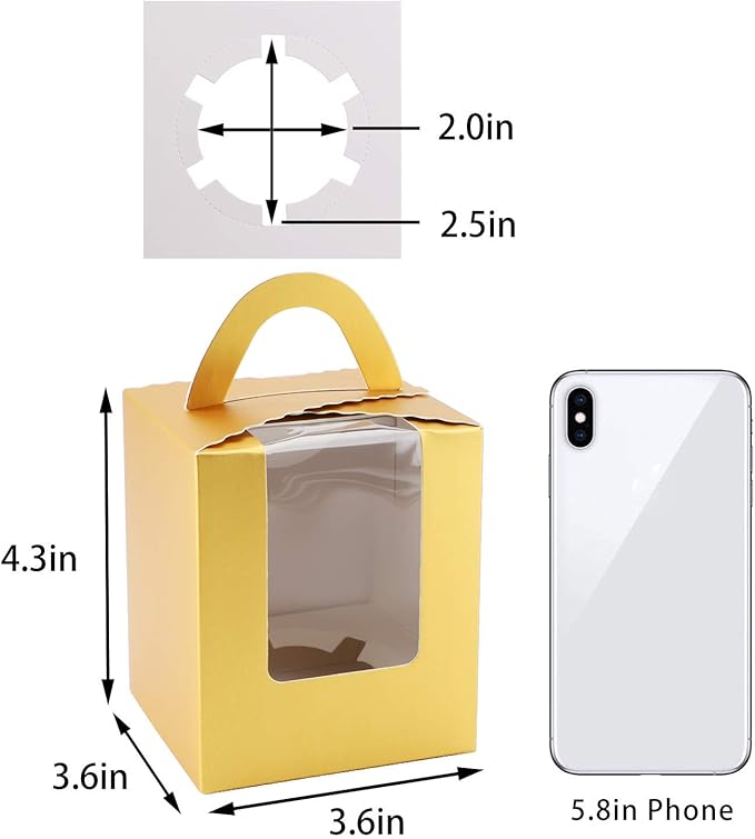EUSOAR Gold Cupcake Boxes, 25pcs 3.6"x 3.6"x 4.3" Single Cupcake Carrier with Window Insert and Handle, Kraft Pastry Containers, Muffins Cupcake Carriers for Bakery Wrapping Party Favor Packing