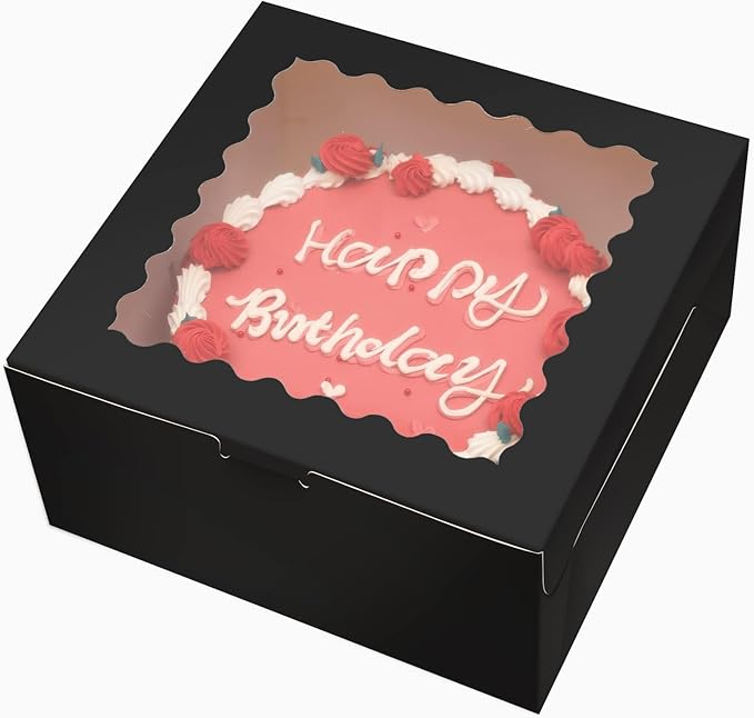 Bakepacker 36pcs 10x10x5 Inches Black Cake Boxes with Window 18-Packs, 10 Inch Bakery Boxes (18 Cake Boxes +18 Cake Boards Included)