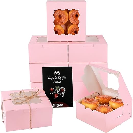 qiqee Pink Bakery Box with Window 100packs 6x6x3 Pink Cookie Boxes Pastry Box for Wedding Favor Birthday ＆ Party
