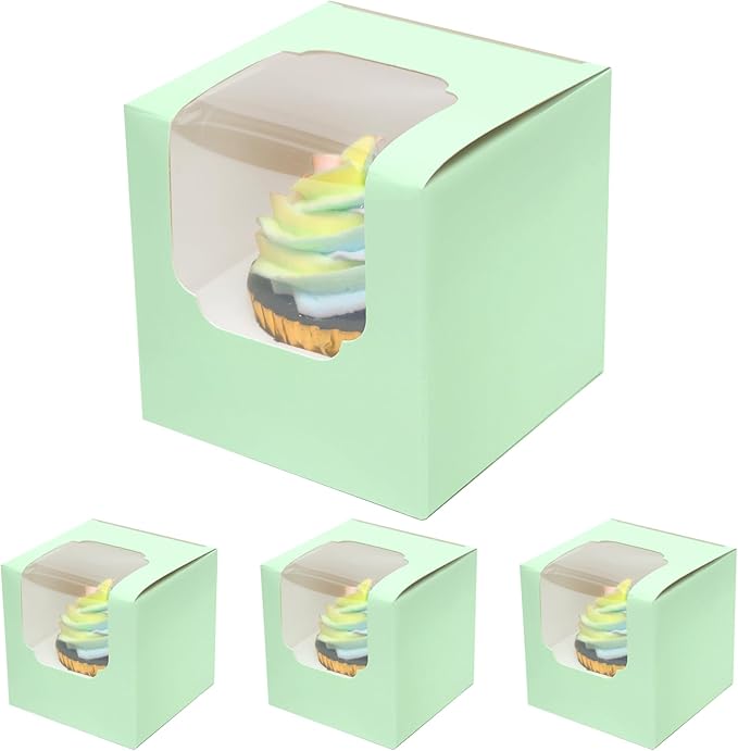 qiqee Light Green Cupcake Boxes Individual Cupcake Container 60pcs 3.5" x 3.5" x 3.5" Auto-Pop up Single Cupcake Boxes (60 Boxes+60 Inserts)
