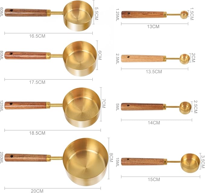Gold Measuring Cups Set of 8, US Measurements with Metric and Fragrant Wood Handle, Stainless Steel Measuring Cups for Kitchen, Cooking, Baking, Dry & Liquid
