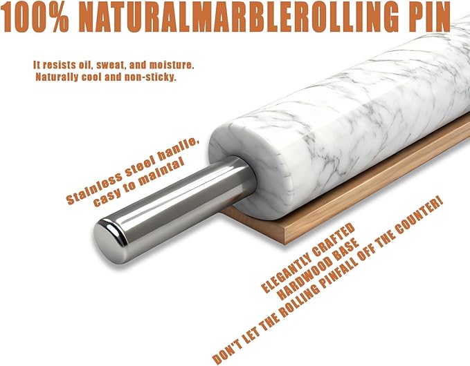 White Marble Rolling Pin with Stainless Steel Handles Baking Set - Silicone Baking Mat, Stainless Steel Dough Cutter，Marble Rolling Pin with 3 Multi-Color Thicknesses and Wooden Base