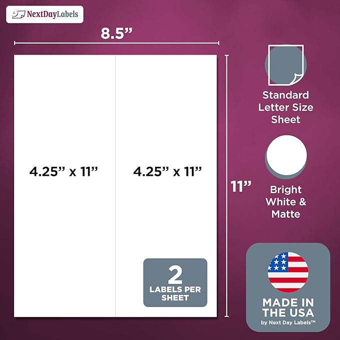 NextDayLabels – 4-1/4" x 11" Rectangular Sticker Labels for Printer - White Laser/Inkjet Printer Labels Return Address Labels Shipping Label Stickers (100 Sheets, 2 Per Sheet, 200 Labels)