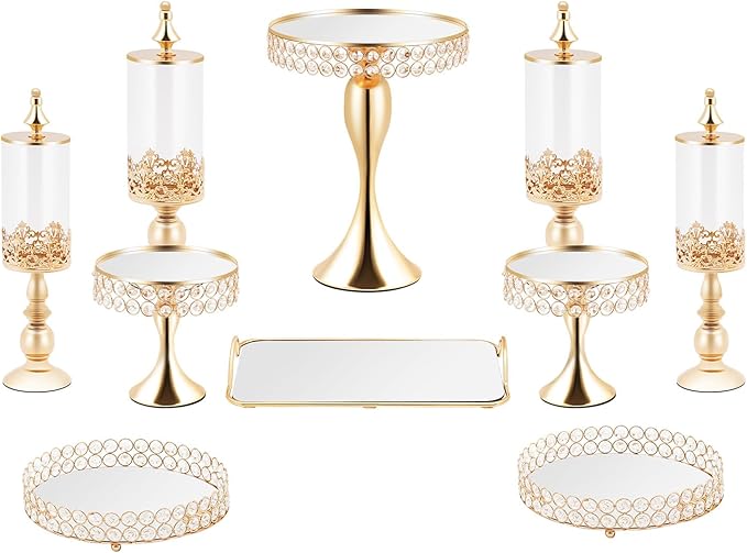 Pack of 10 Cake Stand Set with 4 x Candy Jars, 3 x Cake Stands, 2 x Round Cake Trays, 1 x Serving Tray, Dessert Table Display Set with Crystal Beads for Birthday Baby Bridal Shower Party