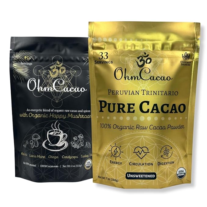 OhmCacao Duo: Organic Pure Cacao Powder & Organic Mushroom Cacao Powder