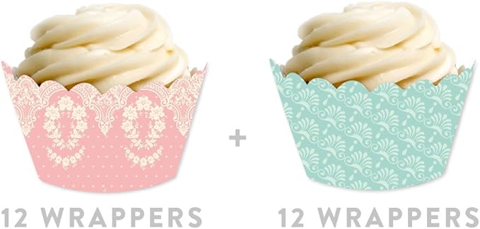 Andaz Press Party Cupcake Wrapper Decorations, Tea Party Pink and Blue Lace, 24-Pack, Theme Colored Bulk Cake Supplies