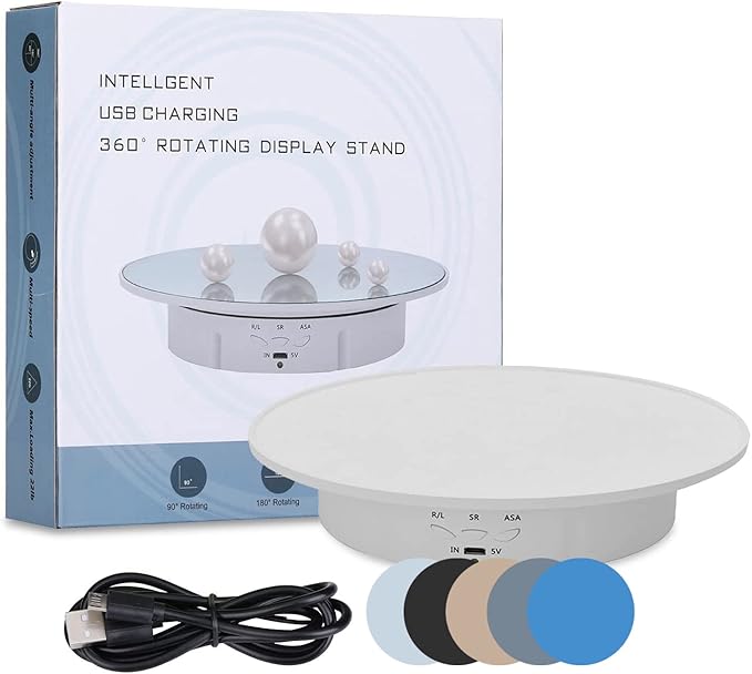 JAYEGT Motorized Rotating Display Stand, 7.87inch /17.6lbs Load, 360 Degree Electric Rotating Turntable for Photography Products, Jewelry, 3D Model ,with 5 Colors Backgrounds -- White