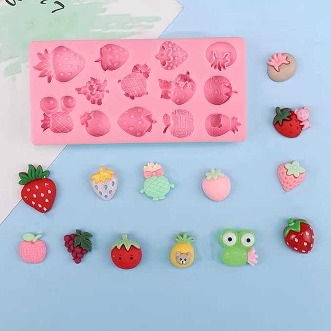 Fruit Fondant Molds for Cake Decorating 2 Pcs, Mini Strawberry Pineapple Banana Candy Chocolate Silicone Mold for DIY Cupcake, Sugar Craft, Flower Paste, Marzipan, Mousse, Sick Cookies, Clay, Resin