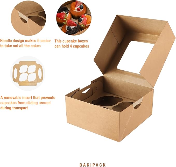 25 Kraft Cupcake Boxes, 4 Count Cupcake Containers with Window and Inserts, 6.3×6.3×3 Inches Cupcake Holders for Cupcakes, Muffins, Cookies, Desserts, Pastries