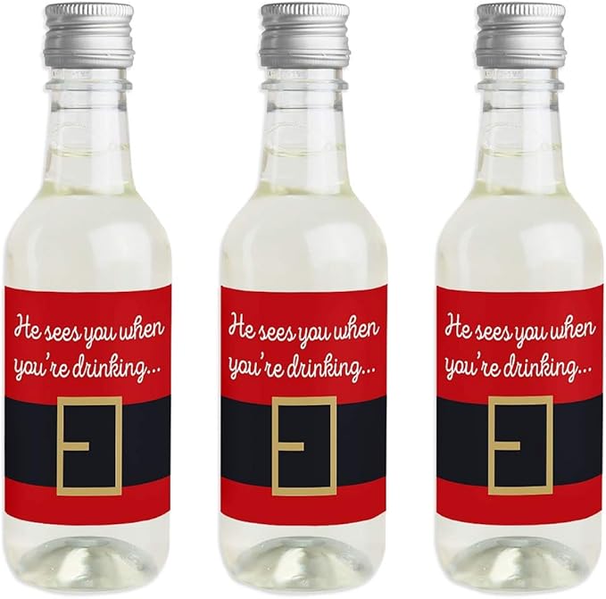 Big Dot of Happiness Santa Claus' Belt - Mini Wine and Champagne Bottle Label Stickers - Christmas Party Favor Gift for Women and Men - Set of 16