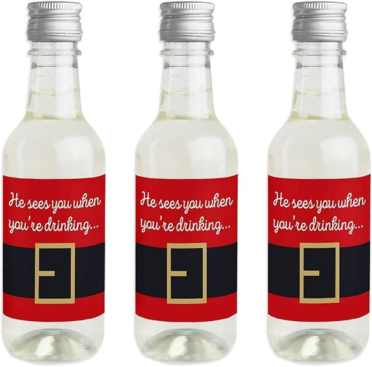 Big Dot of Happiness Santa Claus' Belt - Mini Wine and Champagne Bottle Label Stickers - Christmas Party Favor Gift for Women and Men - Set of 16