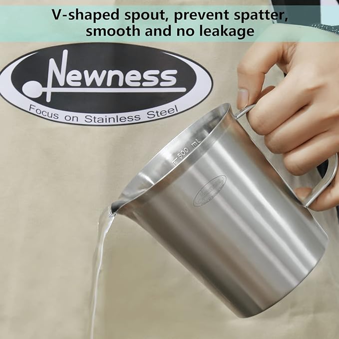 Newness Stainless Steel Measuring Cup, Metal Measuring Cup with Handle (Upgraded, 3 Marking Including Cup/ML/Ounce Scale), 16 Ounces (0.5 Liter, 2 Cup)
