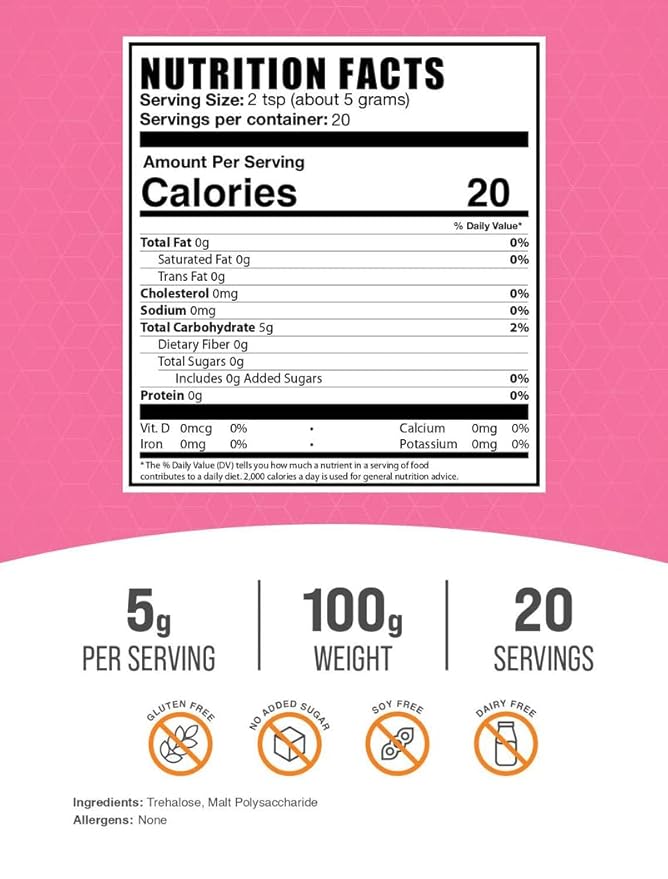 BulkSupplements.com Trehalose Powder - Natural Sweetener, Trehalose Sugar Substitute - Vegan & Gluten Free, 5g per Serving, 100g (3.5 oz) (Pack of 2)