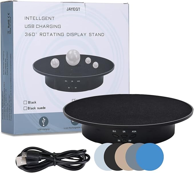 JAYEGT Motorized Rotating Display Stand, 7.87inch /17.6lbs Load, 360 Degree Electric Rotating Turntable for Photography Products, Jewelry, 3D Model ,with 5 Colors Backgrounds- Black