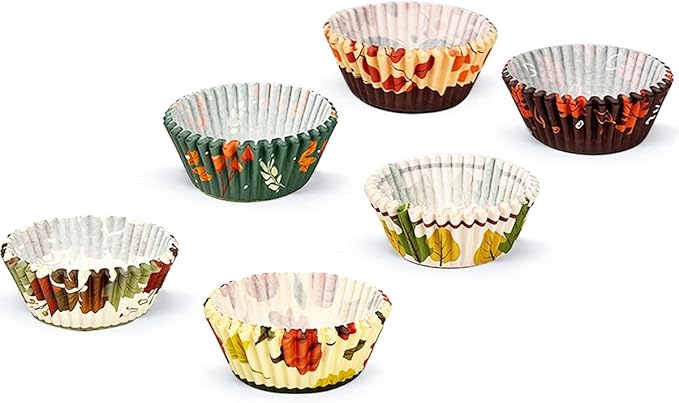 qiqee Thanksgiving Cupcake Liners Muffin Paper Baking Cups 300-Count 6 Original Design Fall Hat Pumpkin Maple Leaf No Smell, Food Grade (Small Size)