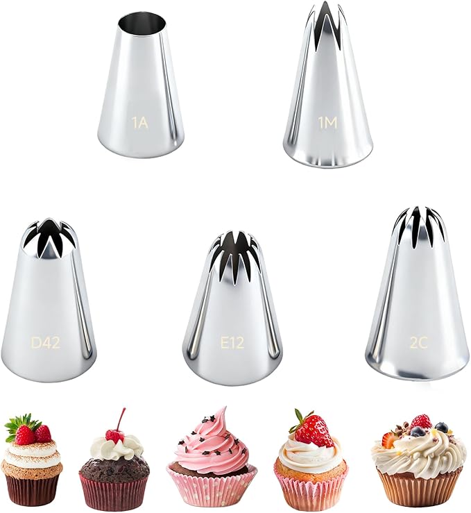 Large Piping Tips Set, Stainless Steel Cake Decorating Tips, 5-Piece Frosting Icing Tips Kit for Cakes, Cupcakes, Cookies (1M 1A 2C E12 D42)
