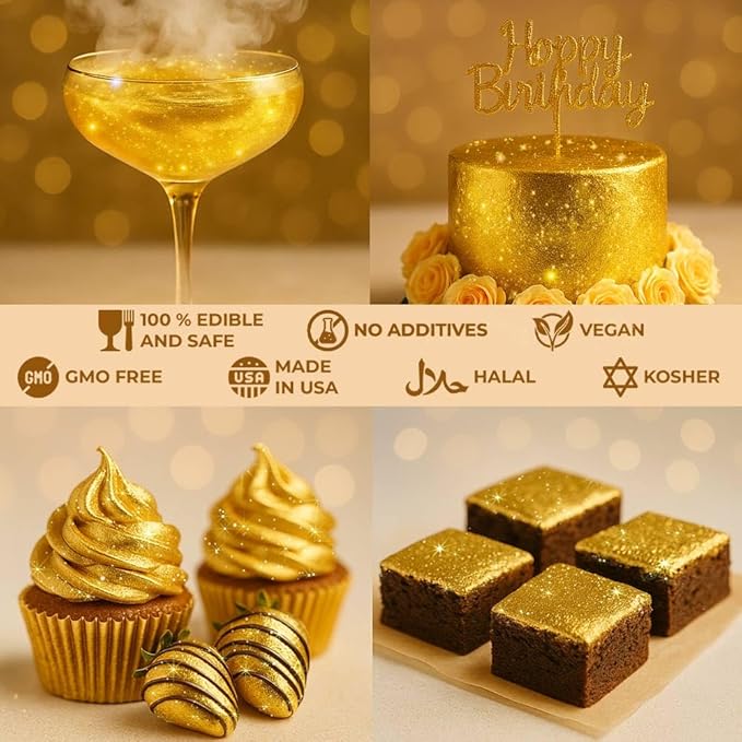 Gold Edible Glitter for Drinks Bulk 20g | Premium Edible Glitter for Cakes, Cocktails, Gold Cake Decorating Decorations Food Grade, Vegan, Kosher, Halal, Gluten Free - Made in USA