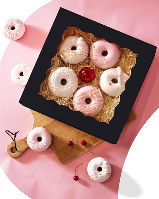 qiqee 8x8x2.5 Inch Black Pastry Box With Window Donut Pie Boxes 12pcs Bakery Box (Auto-pop Up)