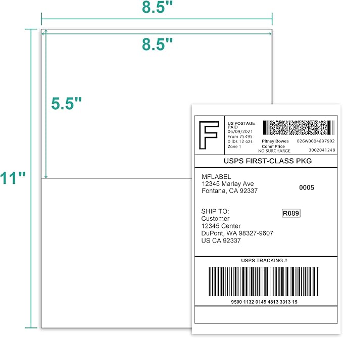 MFLABEL Half Sheet Label Laser/Ink Jet Shipping Labels 8.5 x 11 Inches Packaging Label, Address Labels for Laser & Inkjet Printers, 400 Count(200 Sheets)