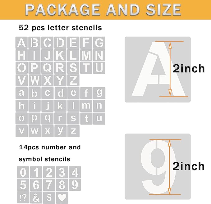 YEAJON 2 Inch Letter Stencils Symbol Numbers Craft Stencils, 66 Pcs Reusable Plastic Alphabet Templates for Painting on Wood, Wall, Fabric, Rock, Glass, Signage (2 Inch)