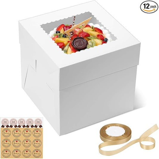 Audab 12 Pack Cake Boxes 8 Inches, Disposable Cake Transport Container with Label Stickers and Ribbon, White Bakery Boxes with Large Window for Gifting(8×8×8 Inches)