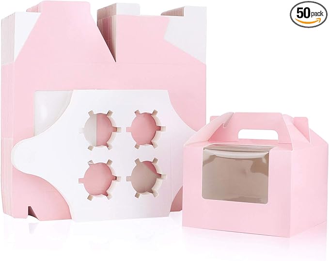 EUSOAR Cupcake Treats Gift Boxes, 5.9" x 5.9" x 4.3" 50Pcs Cupcake Carrier Boxes with insert and Display Window, Bakery Wrapping Party Favor Pastry Packing Take-Out Muffin Carry Boxes Container