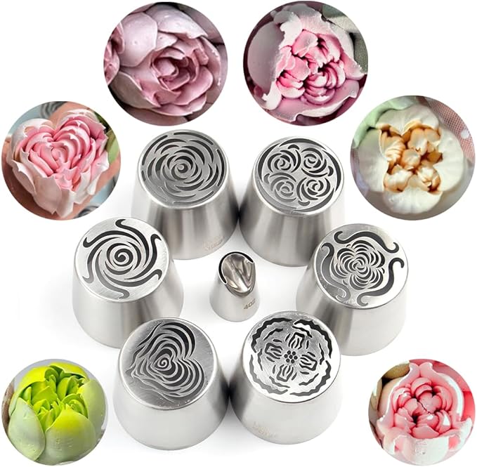 6 Pieces Stainless Steel Extra Large Russian Tulip Icing Tips Kit, Cupcake Dessert Marshmallow Piping Nozzles Set,1 Cleaning Brush,1 Medium Ruffle Icing Tip for Cake Decorations,Pastry Baking Tools