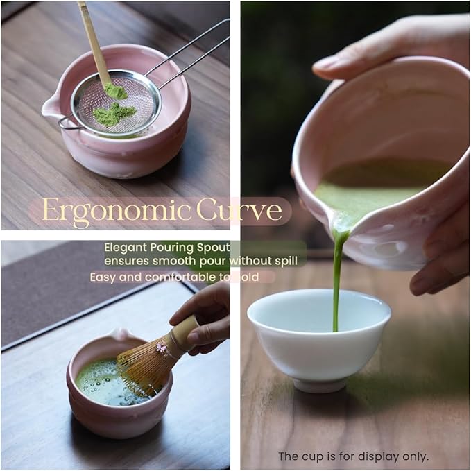 7pcs soft pink matcha whisk set with cute bow and heart motif - complete kit includes bamboo whisk, bowl, stand, scoop, sifter, tea towel -ideal gift for women and Japanese tea ceremony