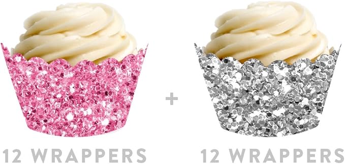 Andaz Press Party Cupcake Wrapper Decorations, Pink And Silver Glitter Paper, 24-Pack, Bulk Cake Supplies Pink Cupcake Wrappers Girl Baby Shower 1st Birthday, Not Real Glitter Silver Cupcake Wrappers