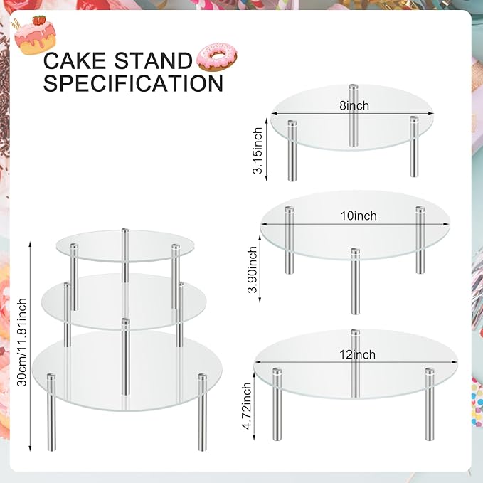 3 Packs Acrylic Cake Stand, Round Food Display Stand Clear Cupcake Holder for Dessert Table Cakes Pastries for Birthday Party Wedding Event