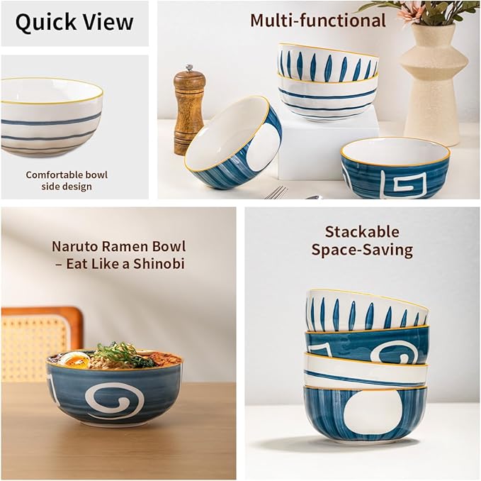 Yeacccng Cereal Bowls Set of 4, 27 Oz Ceramic Soup Bowls, 6 Inch Japanese Ramen Bowl, Decorative Serving Bowls for Kitchen Decor, Scratch-Resistant, Lead-Free, Dishwasher & Microwave Safe, Easy Clean