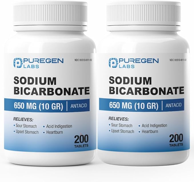 Puregen Labs Sodium Bicarbonate Tablets 650mg (10 Grains) | 200 Count | Relief of Acid Indigestion, Heartburn, Sour Stomach & Upset Stomach (2)