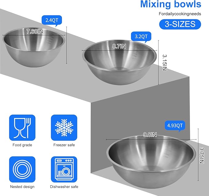 3-Piece Stainless Steel Mixing Bowls Set, 2.4, 3.2 & 4.9 Qt with Measurement Marks, Food Grade 304, Dishwasher Safe & Stackable for Baking, Tossing Salads, and Meal Prep for Your Kitchen
