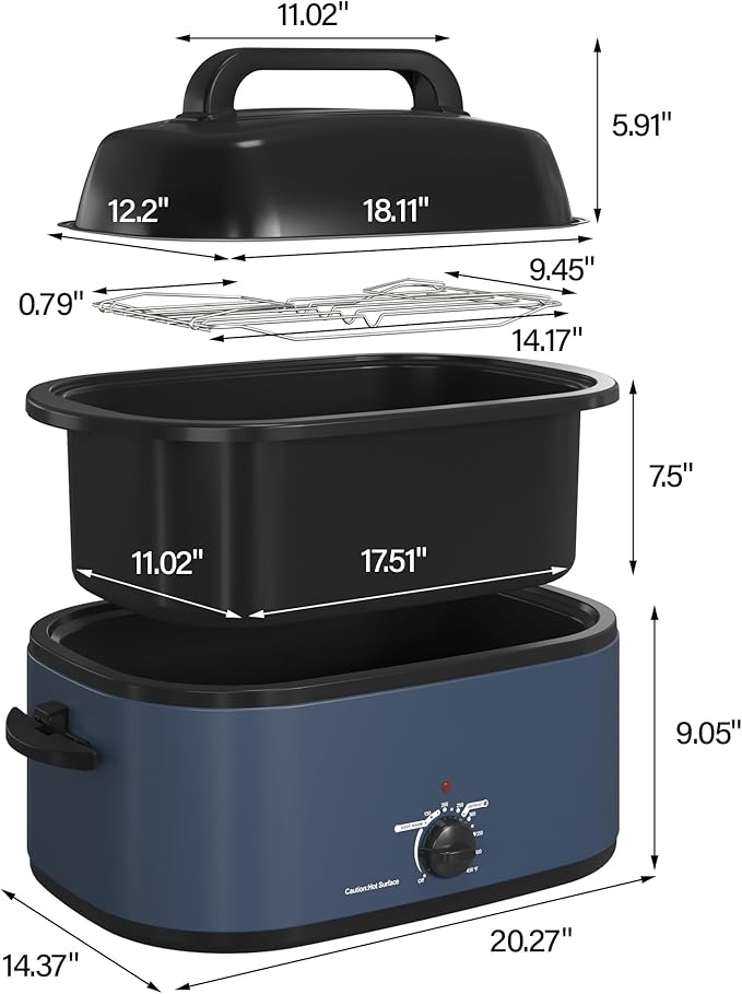 RoyalCraft 24-Quart Electric Roaster Oven with Visible Self-Basting Lid, Turkey Roaster Oven with Removable Pan and Rack, Perfect for Large Meals and Holiday Feasts, Blue