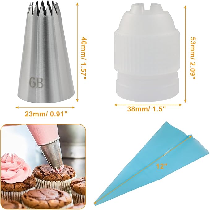 3 Pcs 6B Piping Tips, Stainless Steel Decorating Seamless Nozzles Icing Tips with Coupler Adapter & 12In Silicone Pastry Bag, Baking Tools for Birthday Cakes/Cupcakes/Cookie