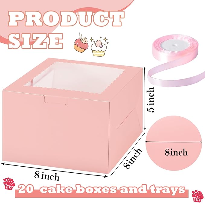KPOSIYA 40pcs 8x8x5 inches Cake Boxes with Cake Boards（20 Boxes & 20 Boards）, Pink Bakery Boxes with Window,Cajas Pasteles Cupcake Carriers Treat Containers for Dessert Pastries, Mother's Day