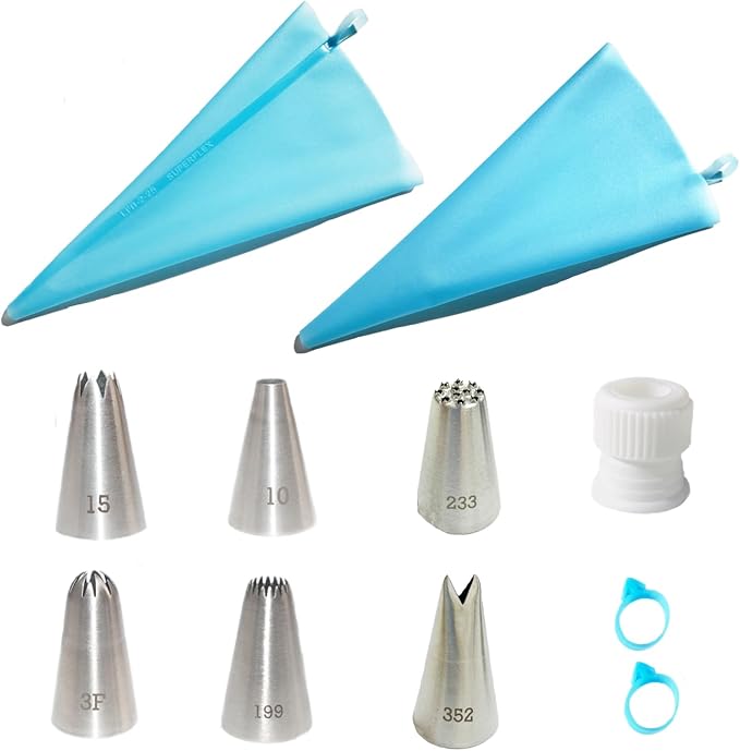 Piping Bags and Tips Set,11pcs Cake Decorating Kit with 2pcs Reusable Icing Pastry Bag, 6 Different Icing Bags Tips, 1 Piping Bag Coupler and 2 Frosting Bags Ties